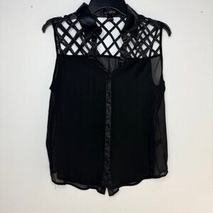 Fun & Flirt Black Sleeveless Faux Leather Button Down Top Blouse, Large, NWT